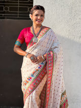 White Pure Viscose Silk Meenakari Zari Motif Saree with Folk Art Pallu and Brocade Blouse
