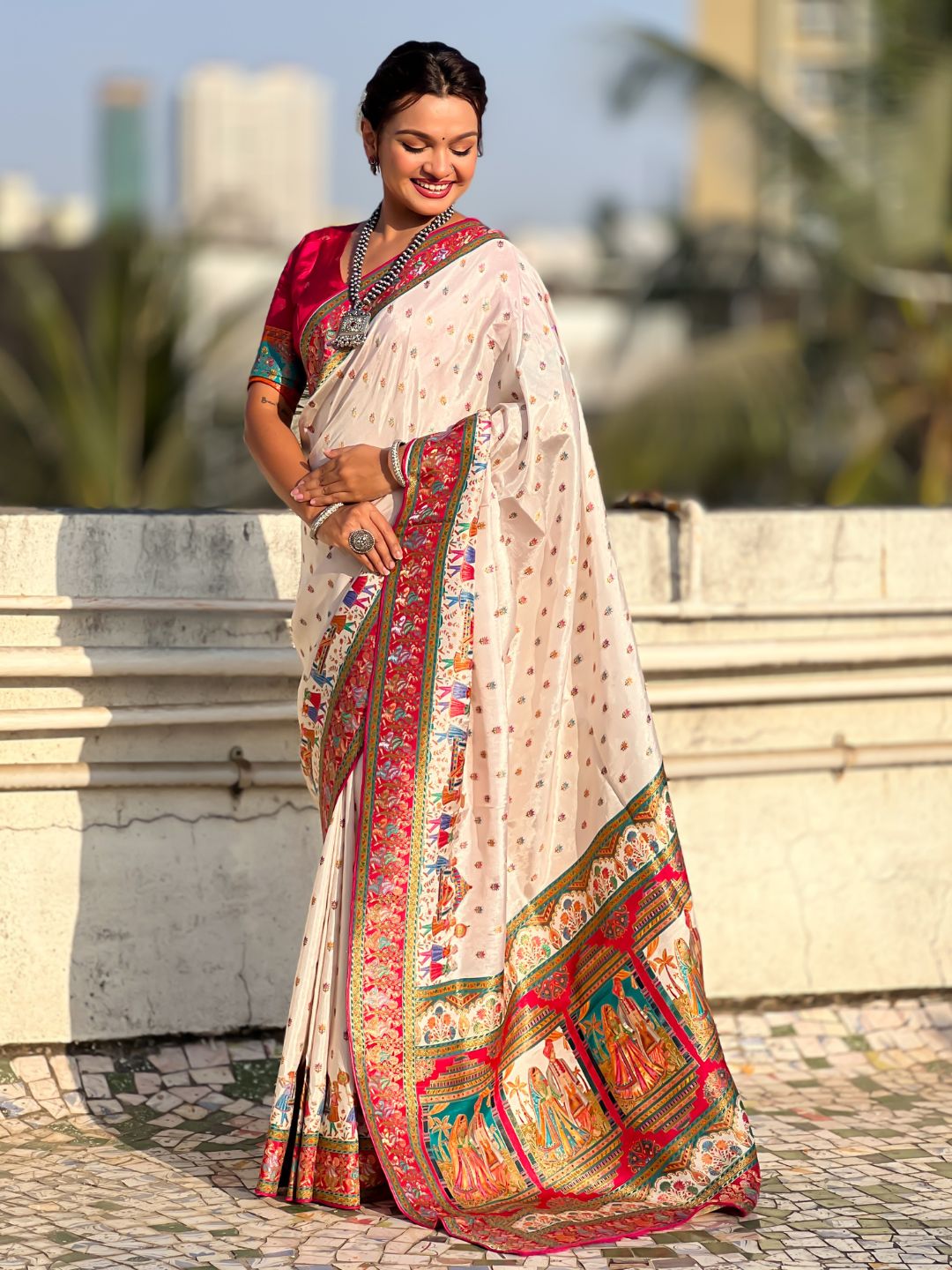 White Pure Viscose Silk Meenakari Zari Motif Saree with Folk Art Pallu and Brocade Blouse