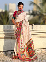 White Pure Viscose Silk Meenakari Zari Motif Saree with Folk Art Pallu and Brocade Blouse
