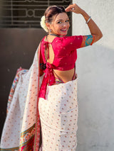 White Pure Viscose Silk Meenakari Zari Motif Saree with Folk Art Pallu and Brocade Blouse