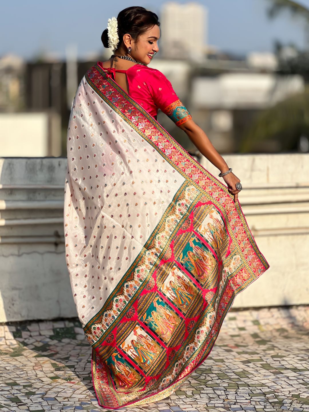 White Pure Viscose Silk Meenakari Zari Motif Saree with Folk Art Pallu and Brocade Blouse