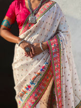 White Pure Viscose Silk Meenakari Zari Motif Saree with Folk Art Pallu and Brocade Blouse