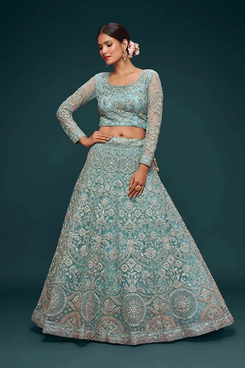Ocean Aqua Wedding Lehenga Choli – Soft Net Perfection
