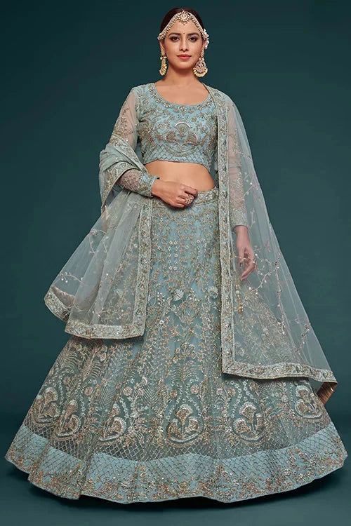 Ocean Aqua Soft Net Thread Embroidery Work Lehenga Choli With Dupatta