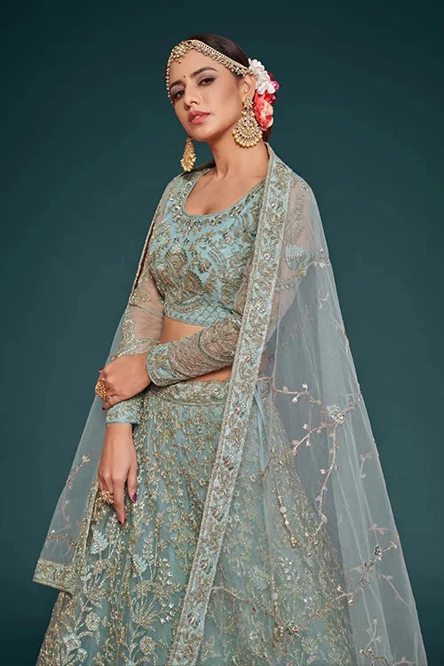 Ocean Aqua Soft Net Thread Embroidery Work Lehenga Choli With Dupatta