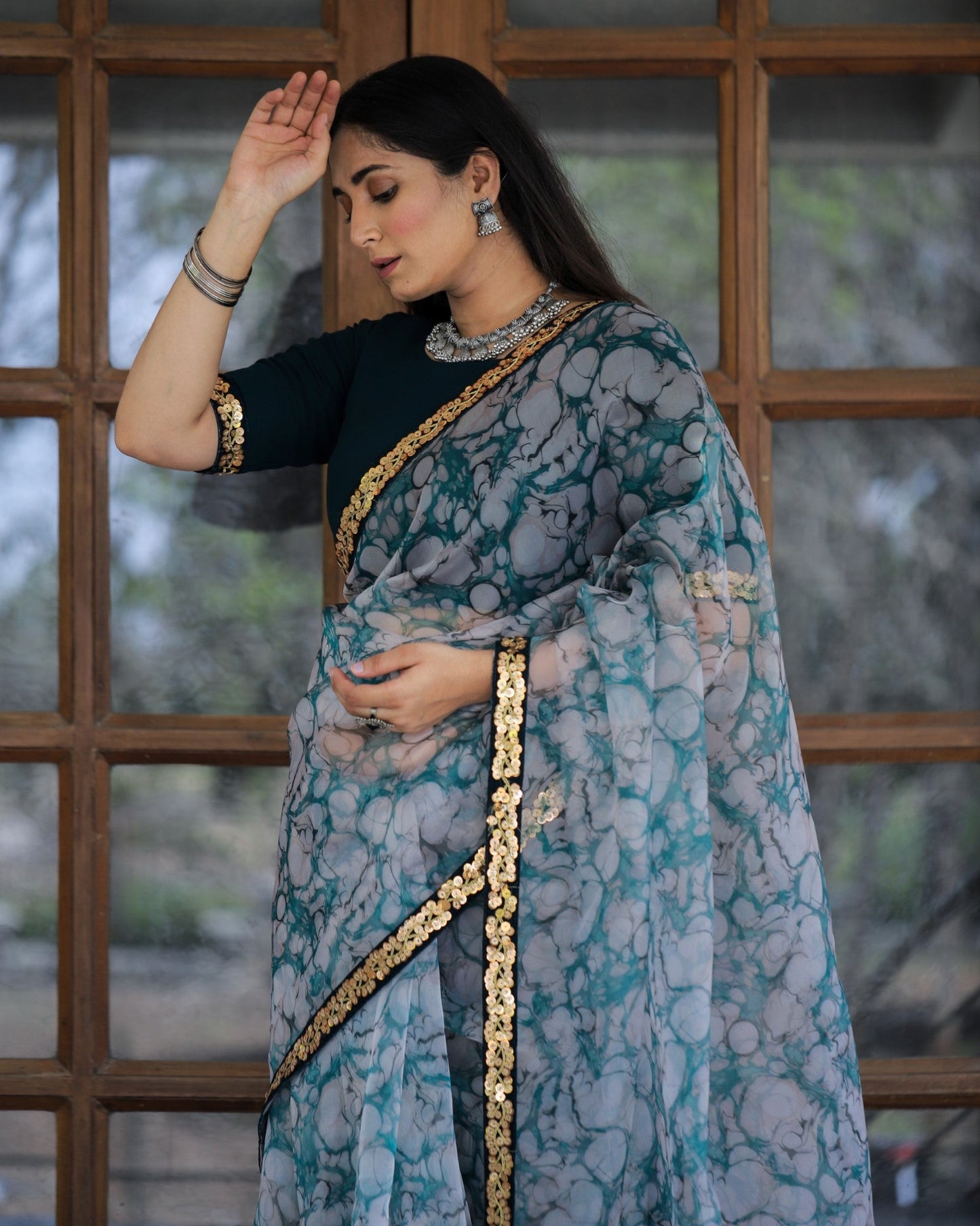 Off-white with Grey Lace Work Flower Print Organza Saree