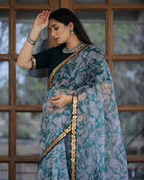 Off-white with Grey Lace Work Flower Print Organza Saree
