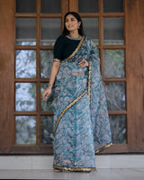 Off-white with Grey Lace Work Flower Print Organza Saree