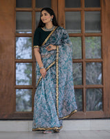 Off-white with Grey Lace Work Flower Print Organza Saree