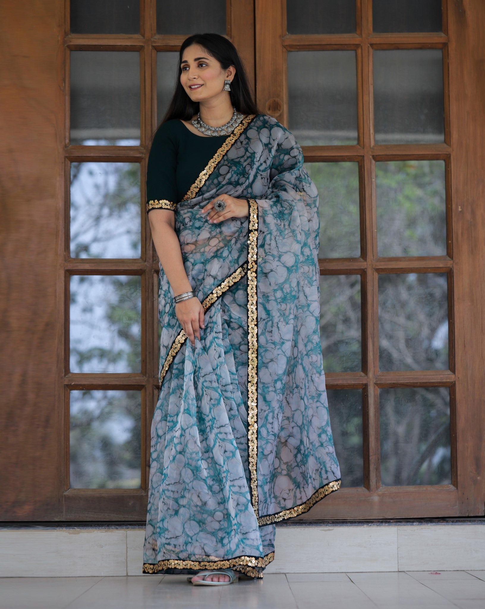 Off-white with Grey Lace Work Flower Print Organza Saree