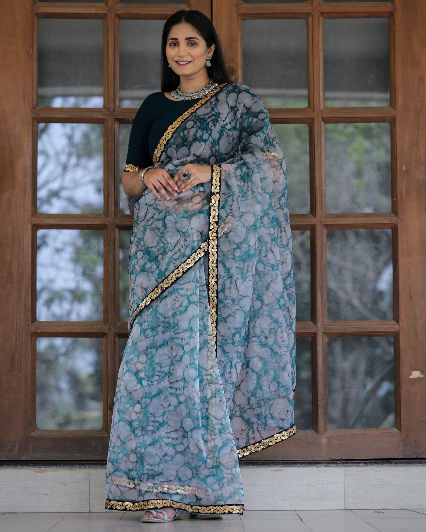 Off-white with Grey Lace Work Flower Print Organza Saree