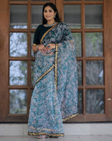 Off-white with Grey Lace Work Flower Print Organza Saree