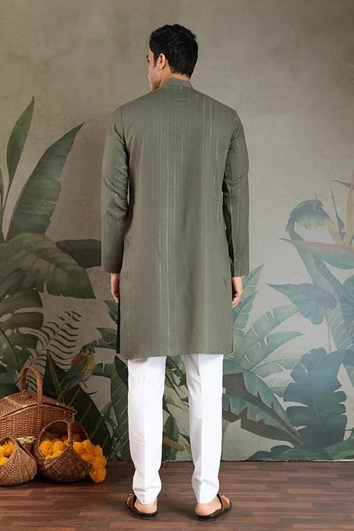 Premium Olive Green Mirror Work Kurta with Dupatta for Occasions