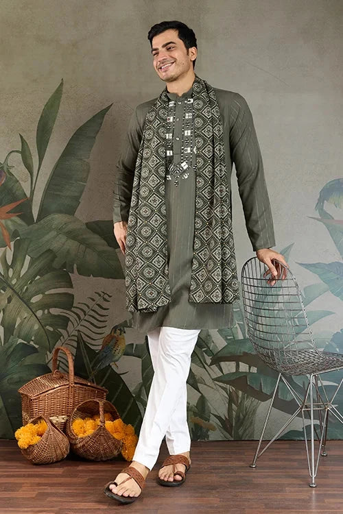 Premium Olive Green Mirror Work Kurta with Dupatta for Occasions
