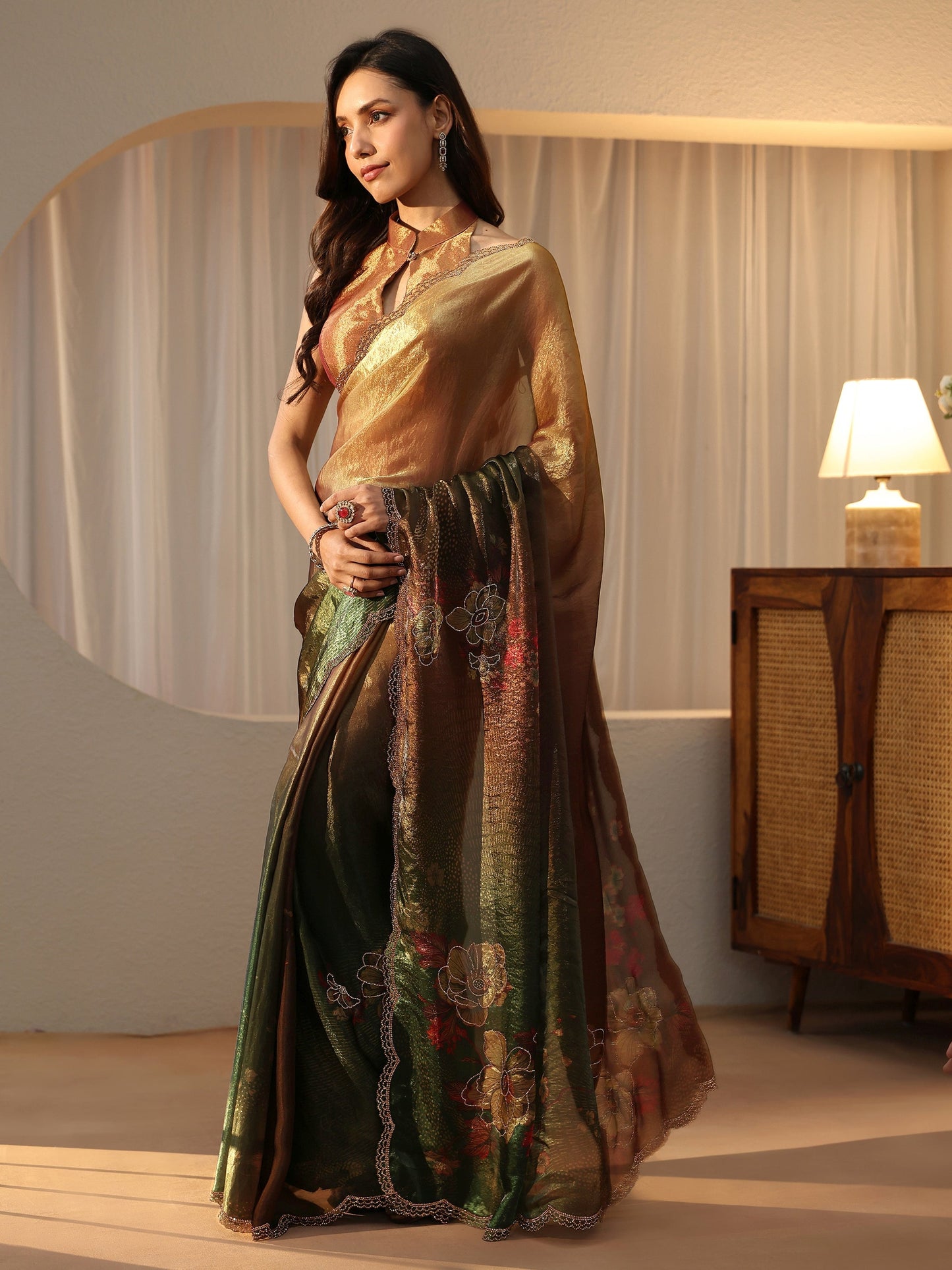 Libas Ombre Beige and Green Floral Silk Blend Saree