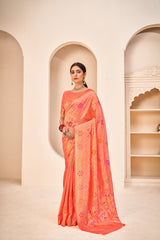Orange Color Banarasi Silk Base Jewel Neck Blouse Embroidered Saree