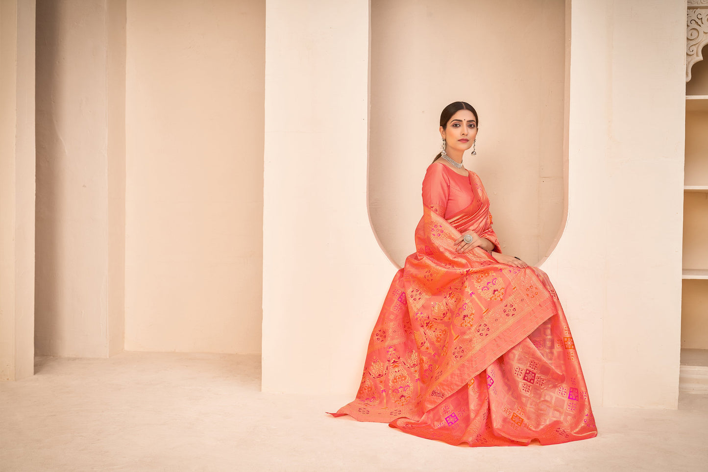 Orange Color Banarasi Silk Base Jewel Neck Blouse Embroidered Saree