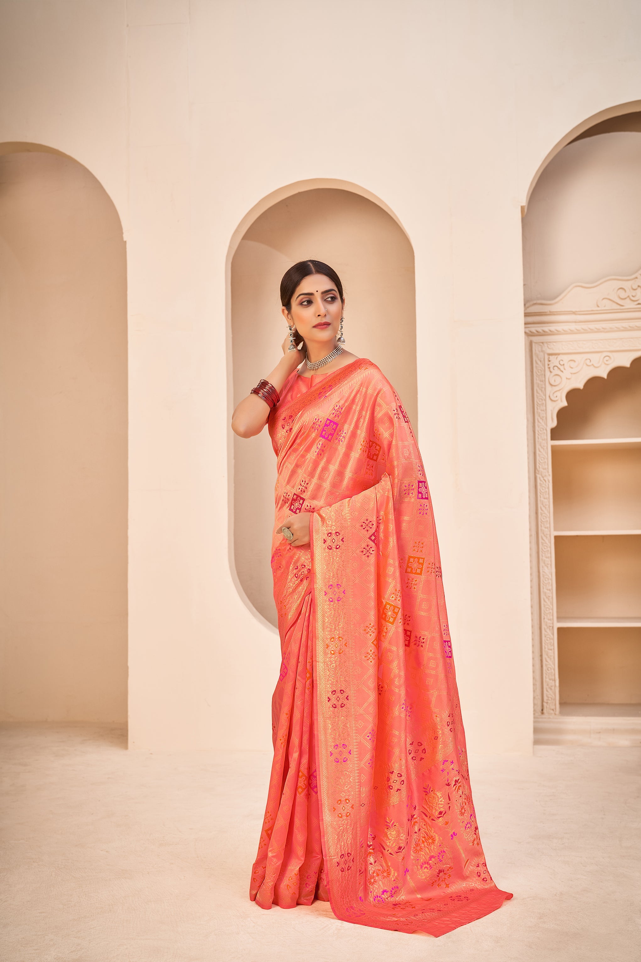 Orange Color Banarasi Silk Base Jewel Neck Blouse Embroidered Saree