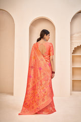 Orange Color Banarasi Silk Base Jewel Neck Blouse Embroidered Saree