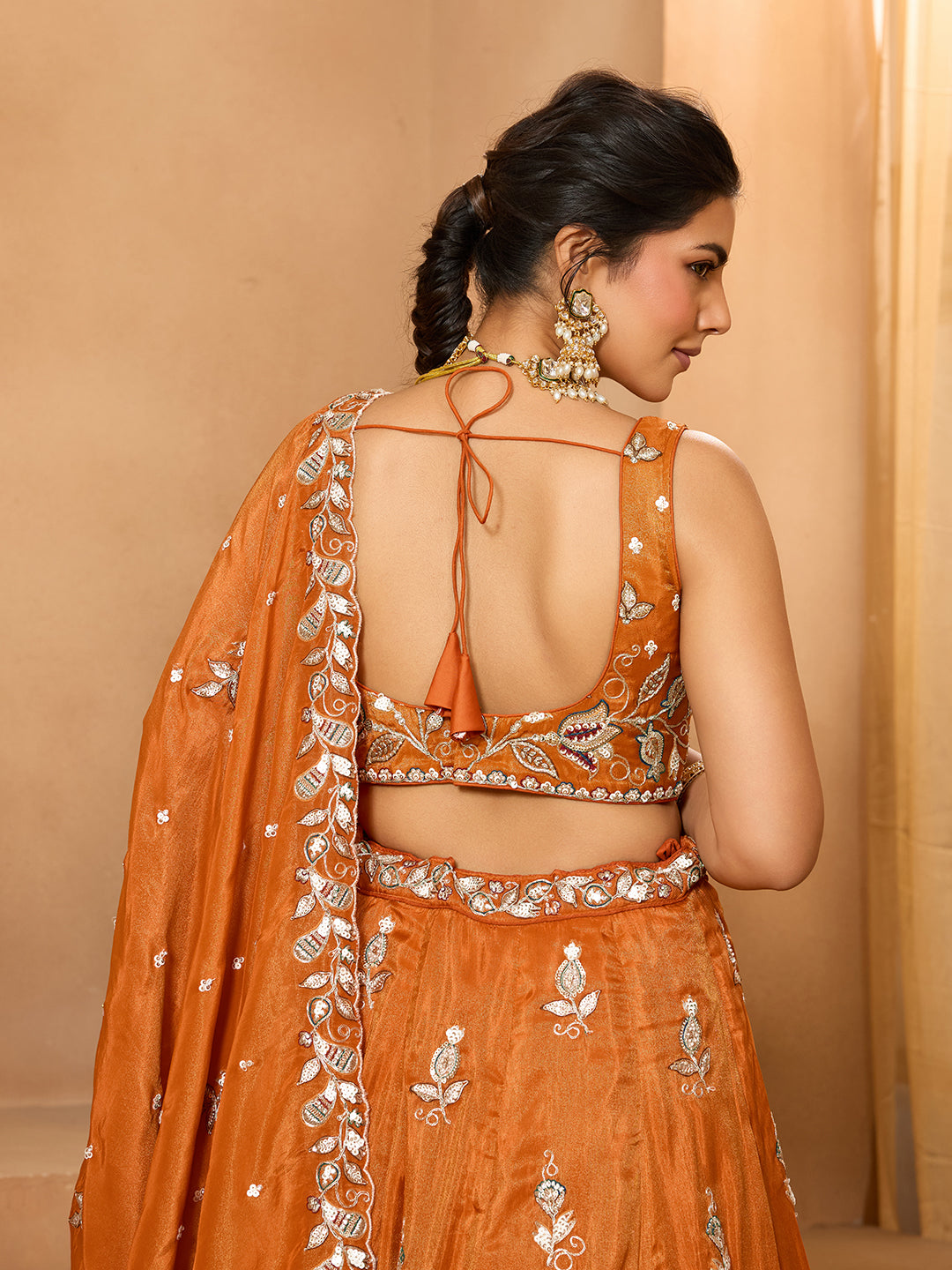 Orange Elegant Tissue Lehenga Choli with Matching Dupatta – Sequins, Stones & Thread Embroidery Festive & Party Wear