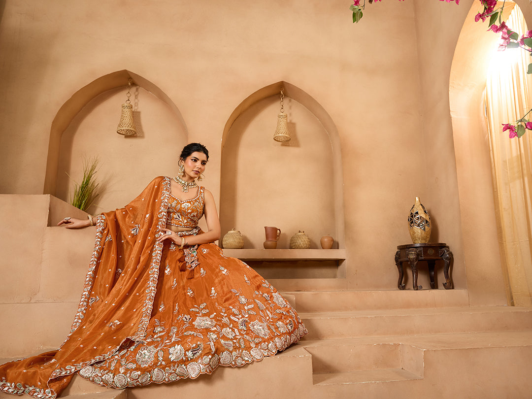 Orange Elegant Tissue Lehenga Choli with Matching Dupatta – Sequins, Stones & Thread Embroidery Festive & Party Wear