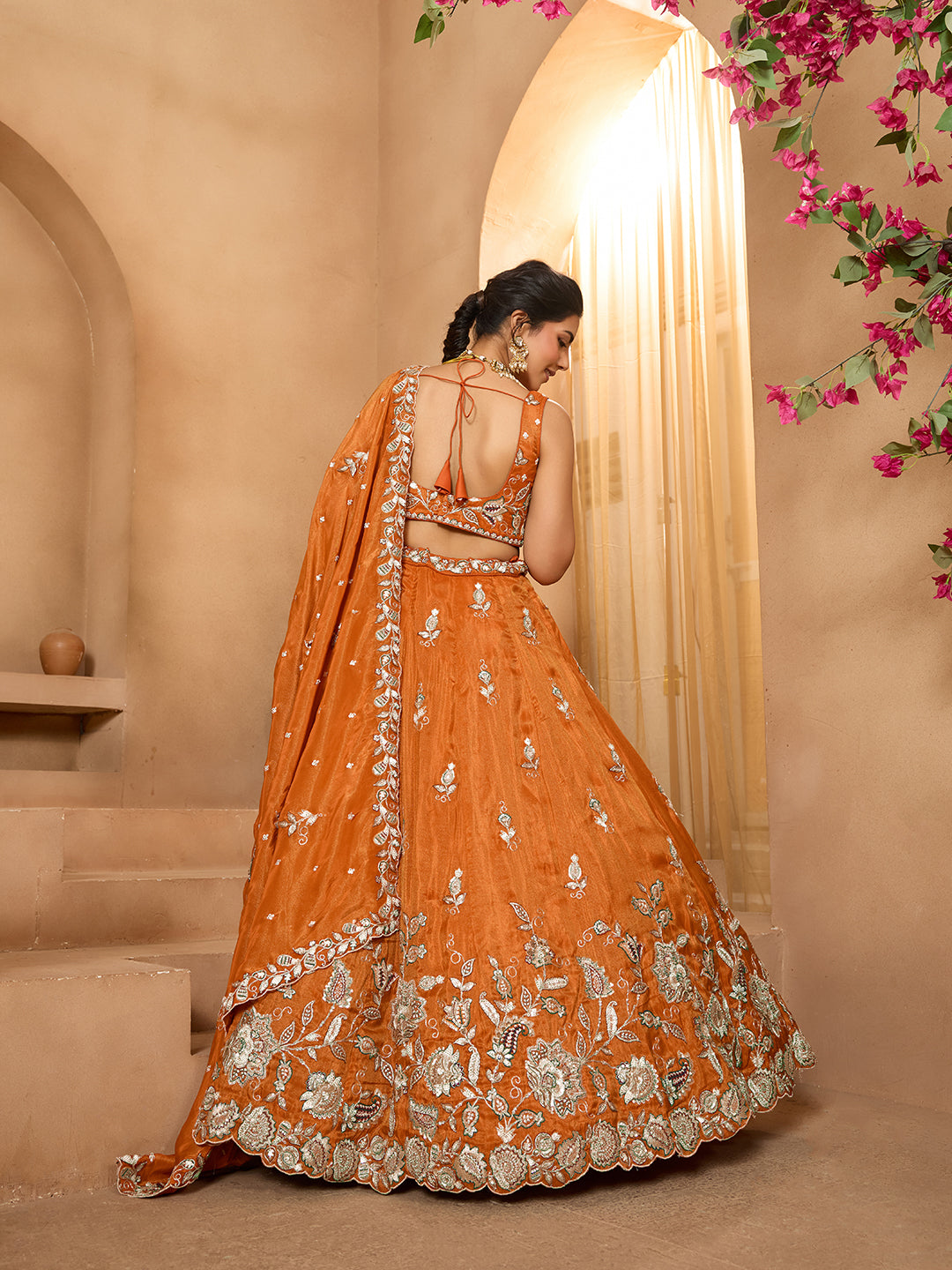 Orange Elegant Tissue Lehenga Choli with Matching Dupatta – Sequins, Stones & Thread Embroidery Festive & Party Wear