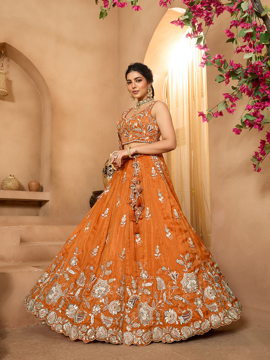 Orange Elegant Tissue Lehenga Choli with Matching Dupatta – Sequins, Stones & Thread Embroidery Festive & Party Wear