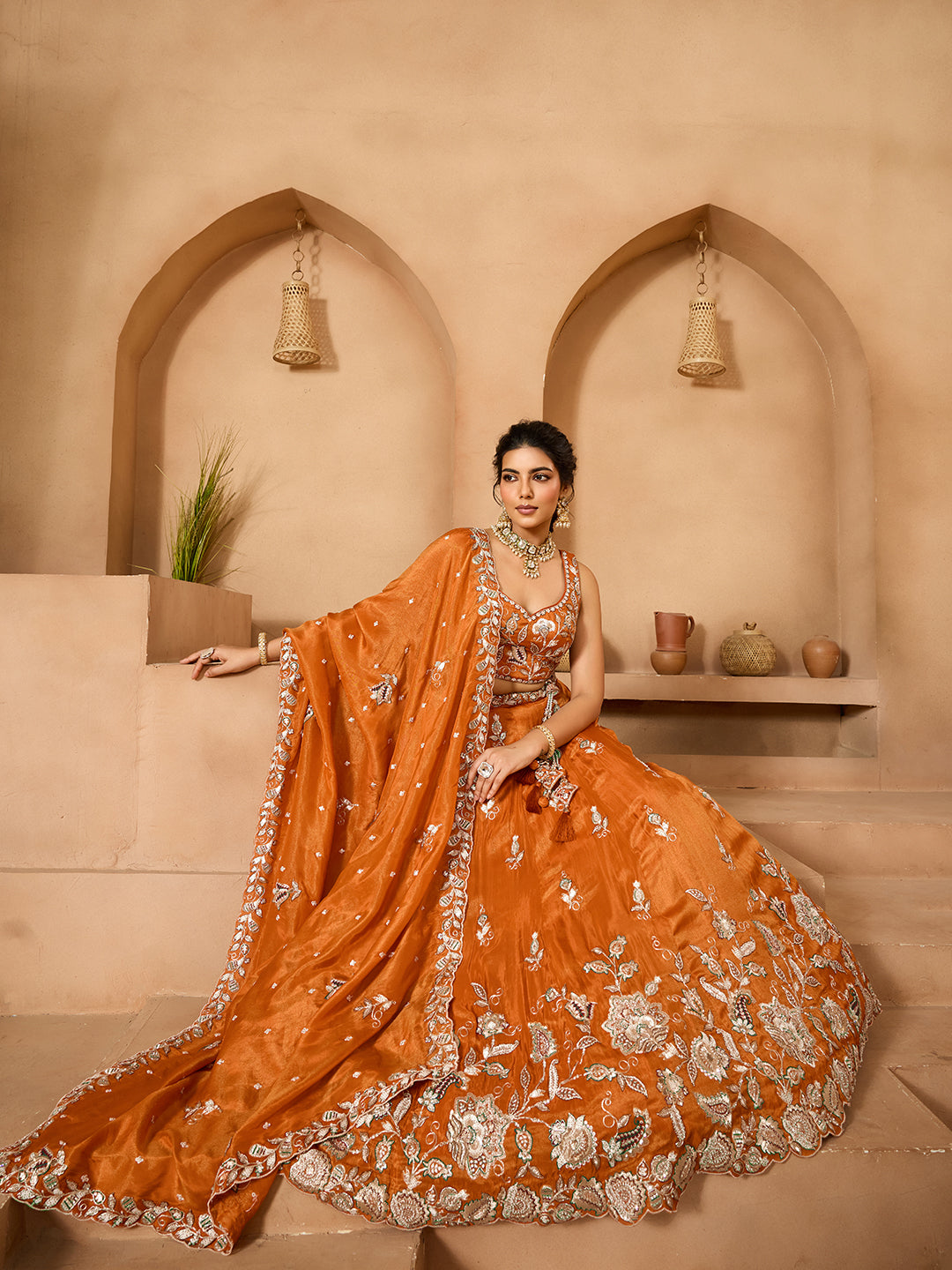 Orange Elegant Tissue Lehenga Choli with Matching Dupatta – Sequins, Stones & Thread Embroidery Festive & Party Wear