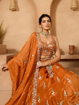 Orange Elegant Tissue Lehenga Choli with Matching Dupatta – Sequins, Stones & Thread Embroidery Festive & Party Wear