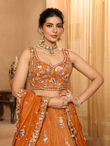 Orange Elegant Tissue Lehenga Choli with Matching Dupatta – Sequins, Stones & Thread Embroidery Festive & Party Wear