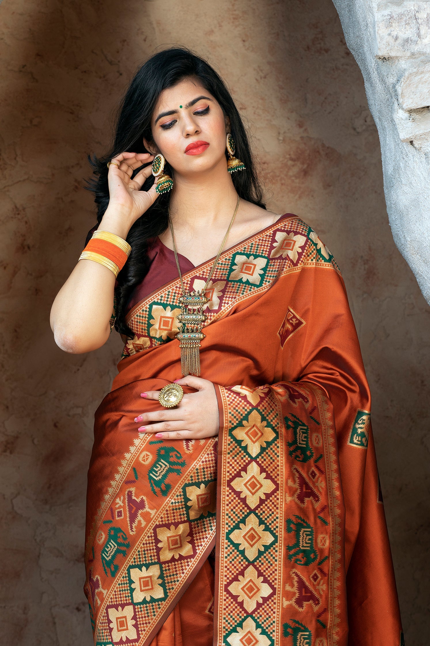Orange Patola Weaving Silk Festival Wear Saree