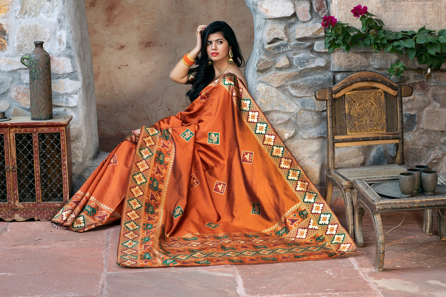 Orange Patola Weaving Silk Festival Wear Saree