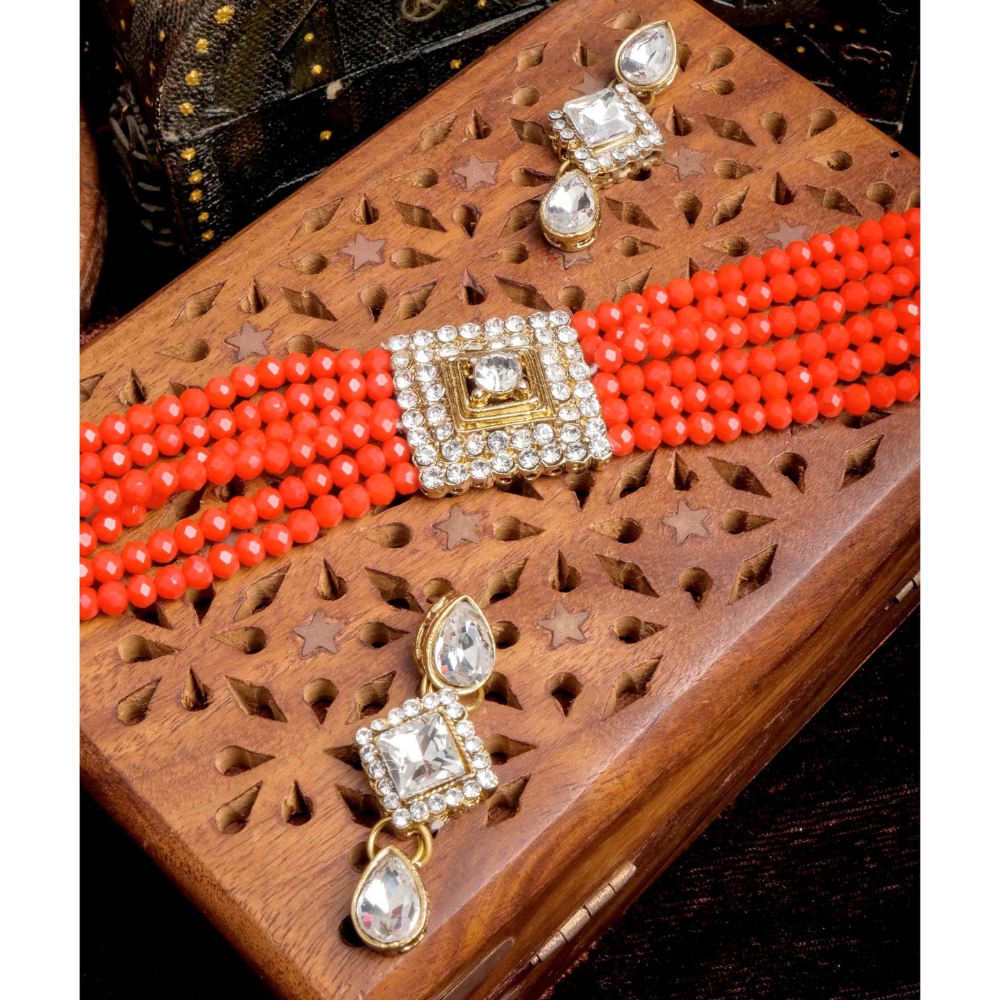 Orange Pearl With Italian Dimond Necklace Alloy Jewel Set