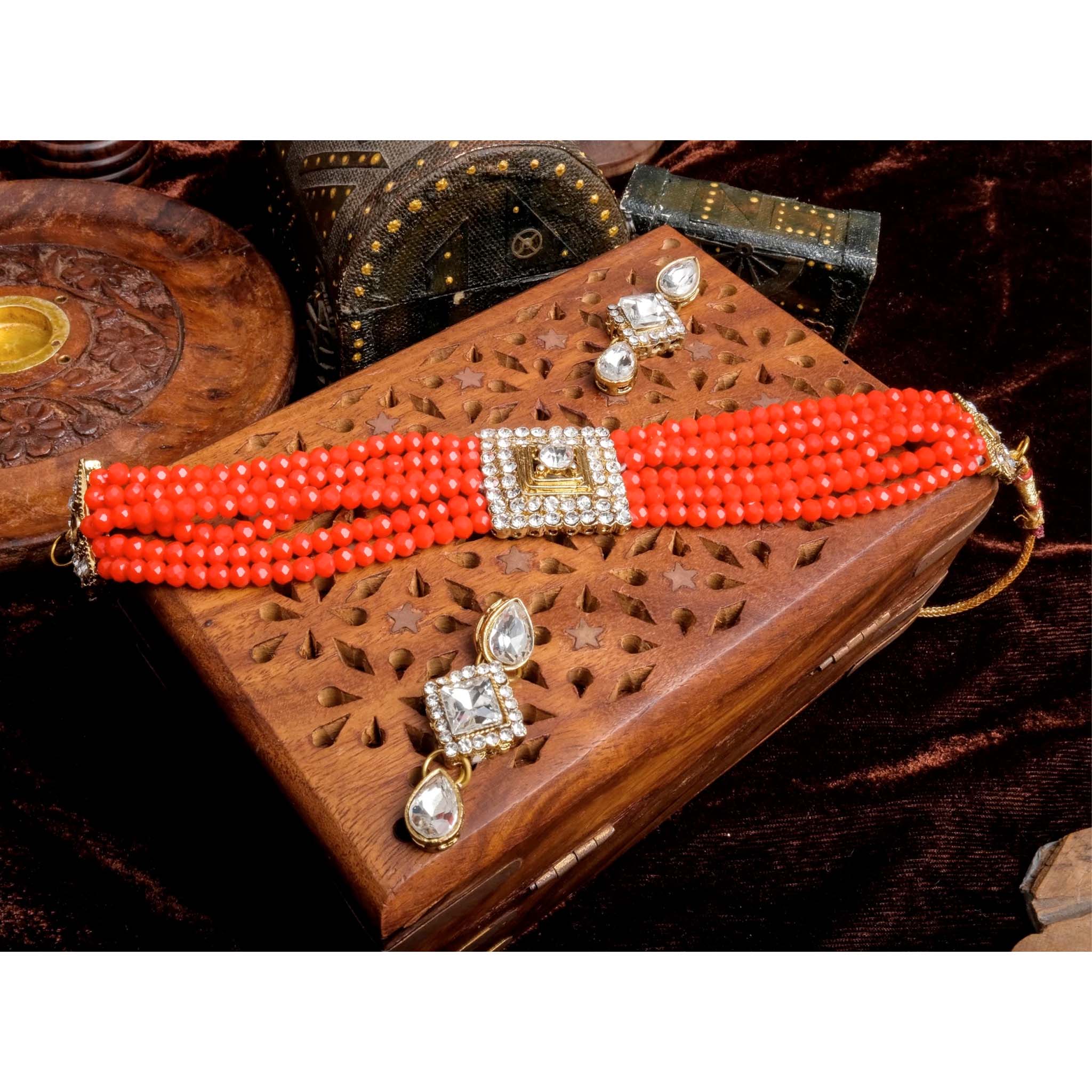 Orange Pearl With Italian Dimond Necklace Alloy Jewel Set