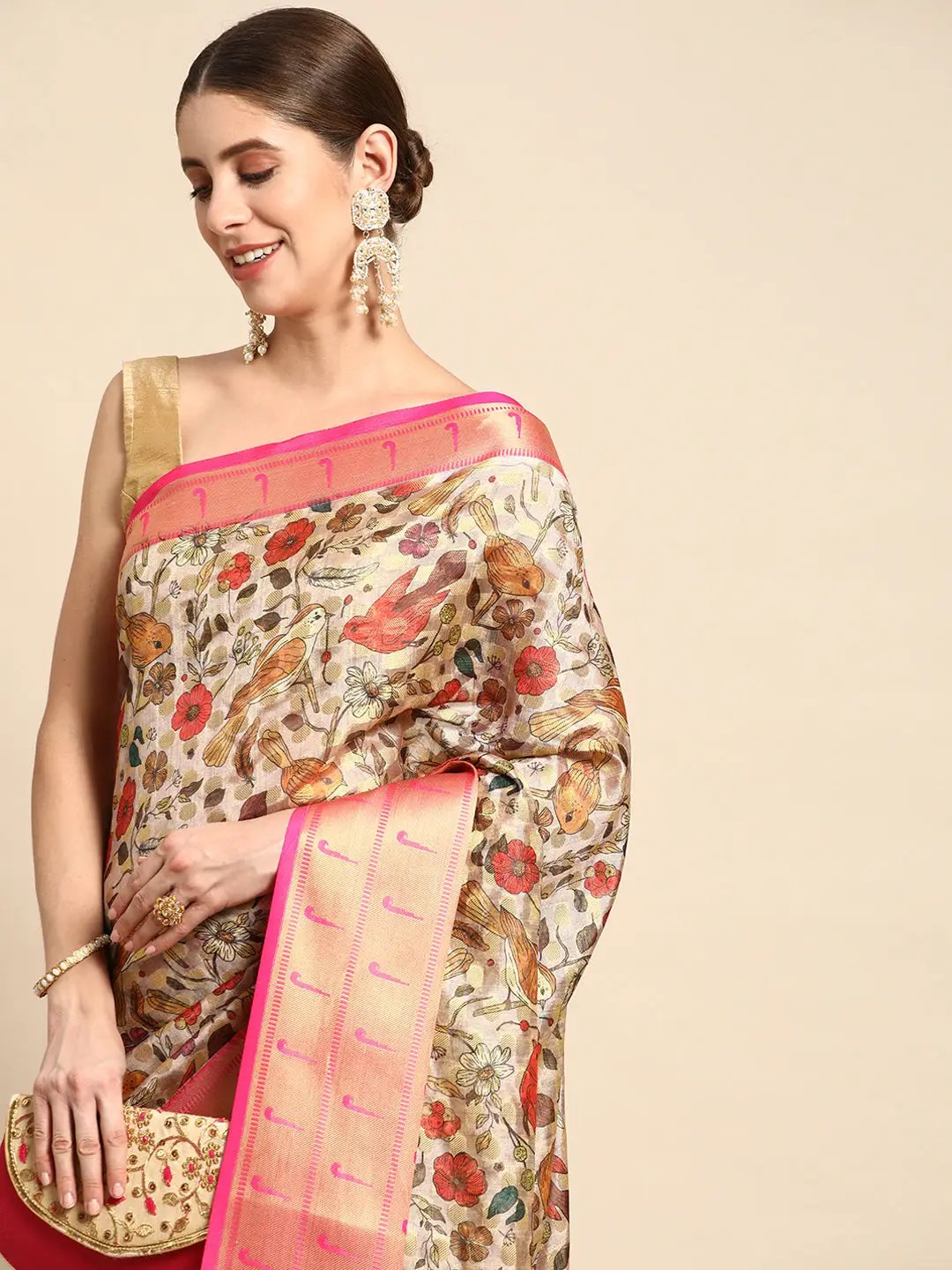 Pure Organza Floral Print Zari Work Saree