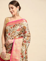 Pure Organza Floral Print Zari Work Saree