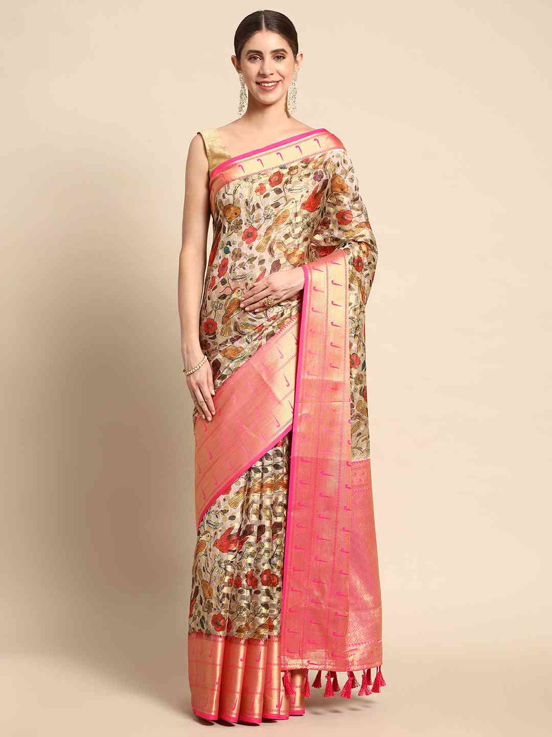 Pure Organza Floral Print Zari Work Saree