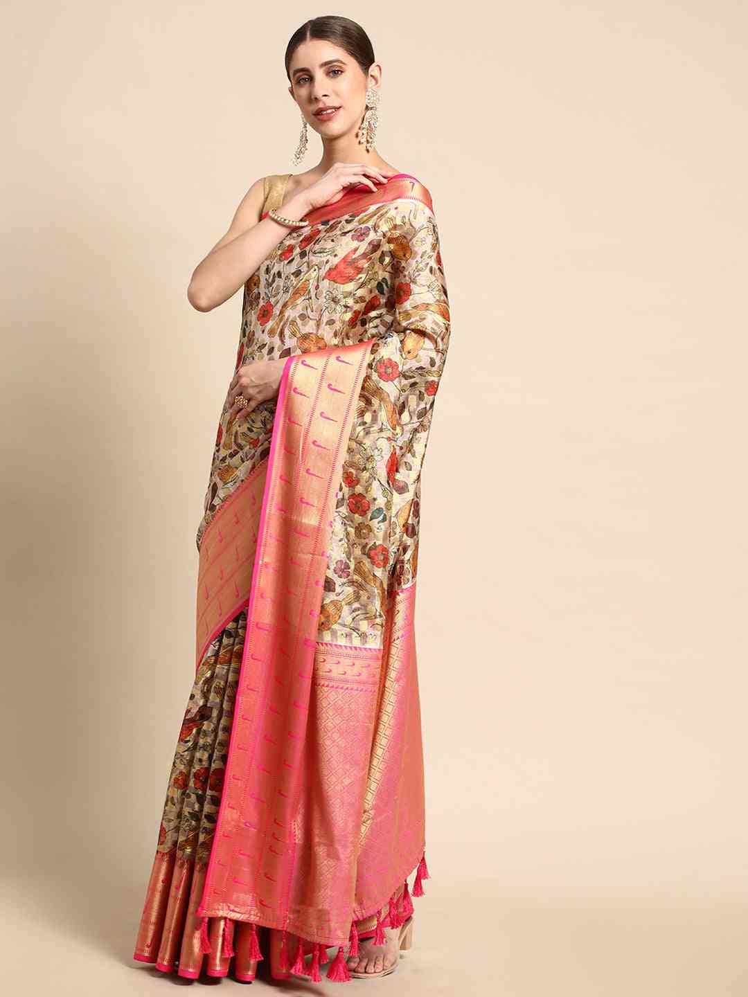 Pure Organza Floral Print Zari Work Saree