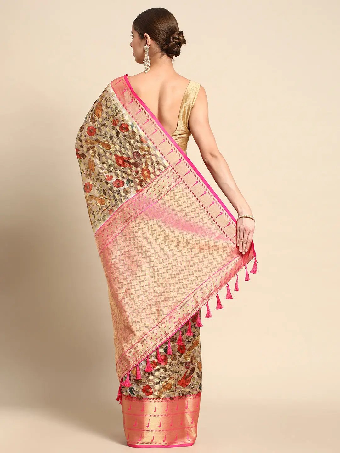 Pure Organza Floral Print Zari Work Saree