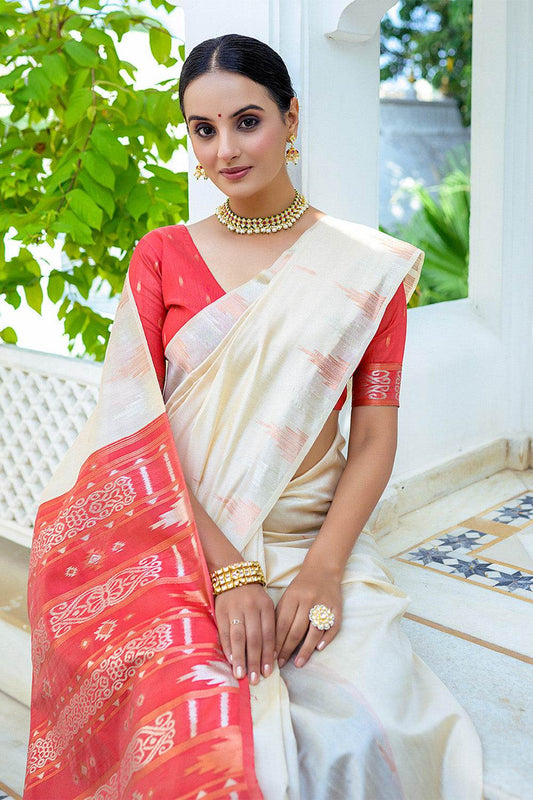 Cream Silk Blend Saree With Blouse Piece Cream