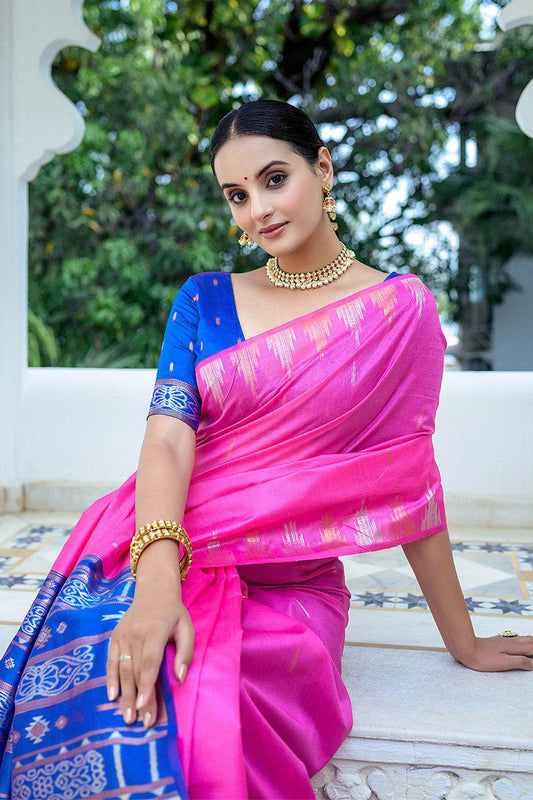 Pink Silk Blend Saree With Blouse Piece Pink