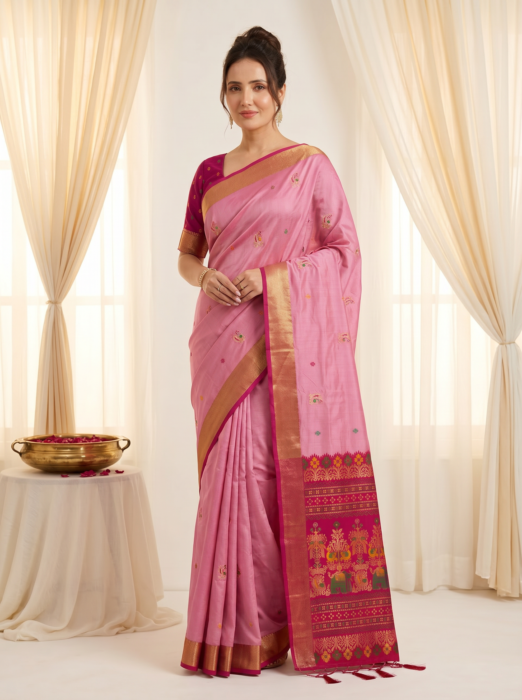 Baby PInk Premium Soft Silk Saree Designer Party Wear Saree With Gold Zari Peacock Motifs Meenakari Pallu Wedding Festive Saree