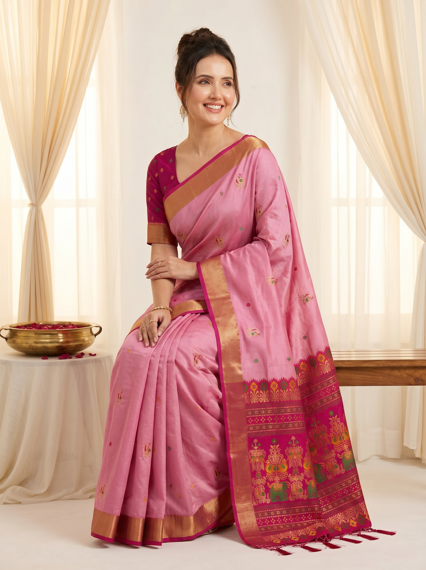 Baby PInk Premium Soft Silk Saree Designer Party Wear Saree With Gold Zari Peacock Motifs Meenakari Pallu Wedding Festive Saree