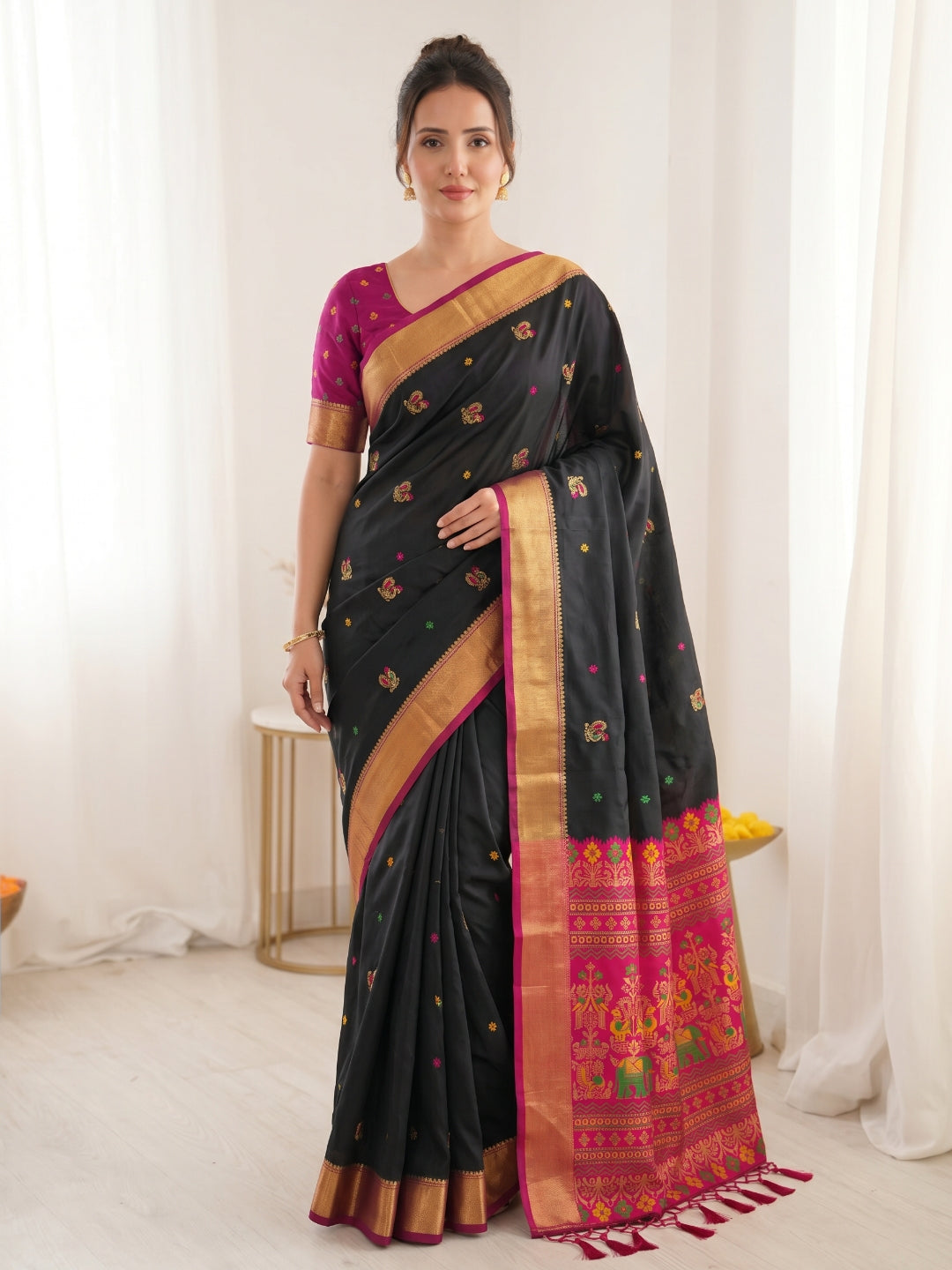 Black Premium Soft Silk Saree Designer Party Wear Saree With Gold Zari Peacock Motifs Meenakari Pallu Wedding Festive Saree