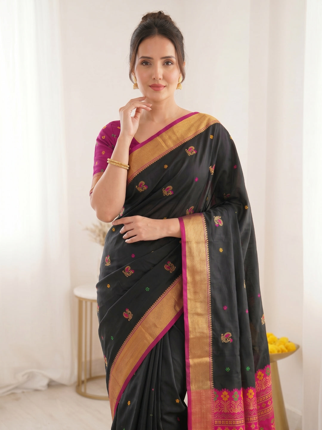 Black Premium Soft Silk Saree Designer Party Wear Saree With Gold Zari Peacock Motifs Meenakari Pallu Wedding Festive Saree