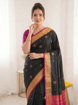 Black Premium Soft Silk Saree Designer Party Wear Saree With Gold Zari Peacock Motifs Meenakari Pallu Wedding Festive Saree
