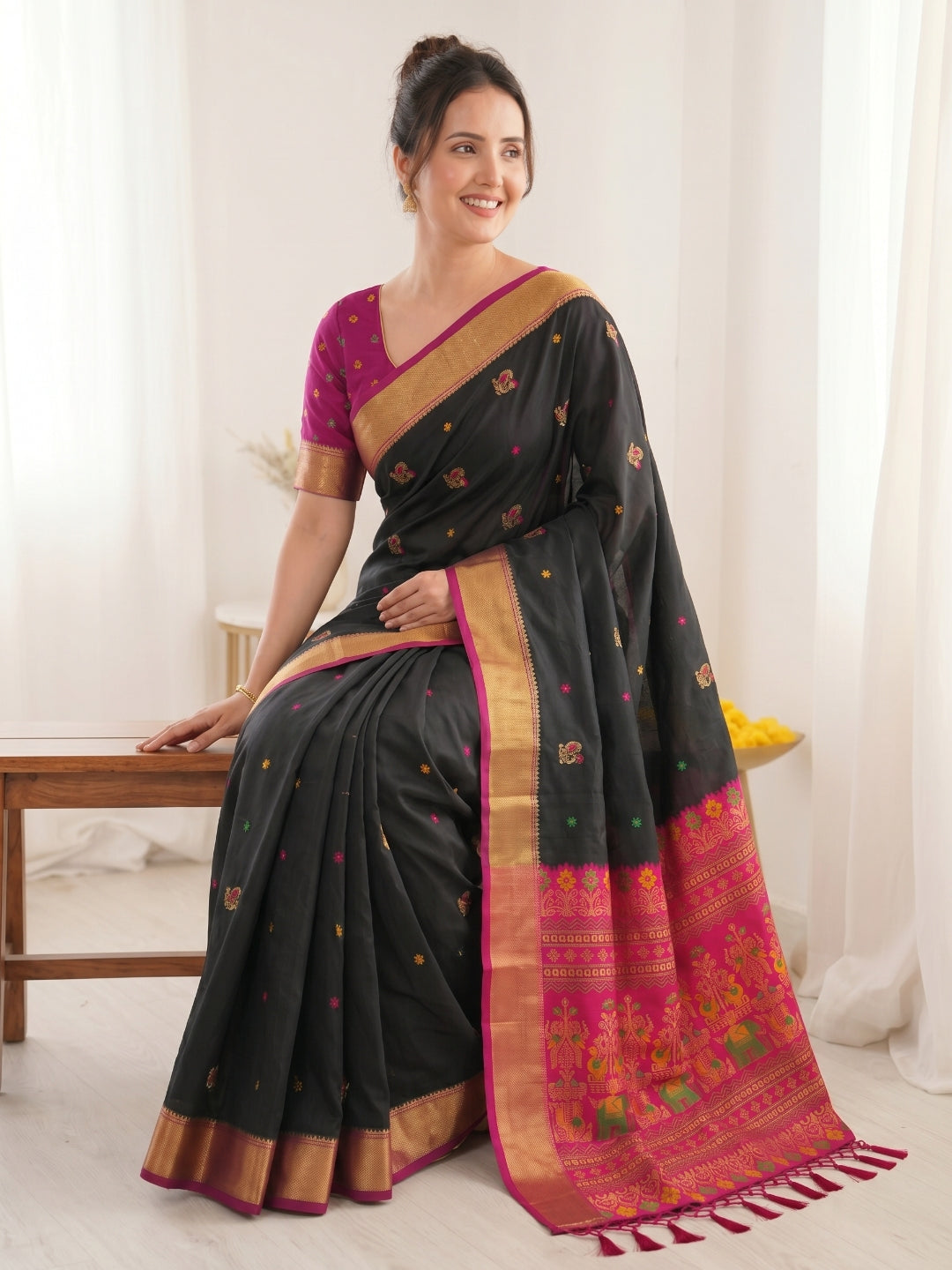 Black Premium Soft Silk Saree Designer Party Wear Saree With Gold Zari Peacock Motifs Meenakari Pallu Wedding Festive Saree