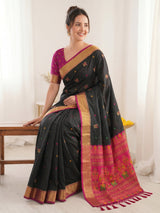 Black Premium Soft Silk Saree Designer Party Wear Saree With Gold Zari Peacock Motifs Meenakari Pallu Wedding Festive Saree