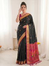 Black Premium Soft Silk Saree Designer Party Wear Saree With Gold Zari Peacock Motifs Meenakari Pallu Wedding Festive Saree