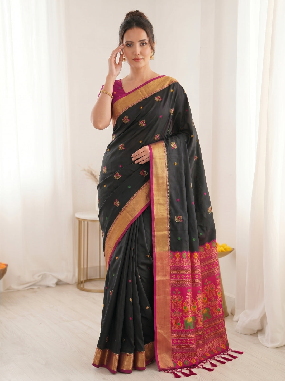 Black Premium Soft Silk Saree Designer Party Wear Saree With Gold Zari Peacock Motifs Meenakari Pallu Wedding Festive Saree